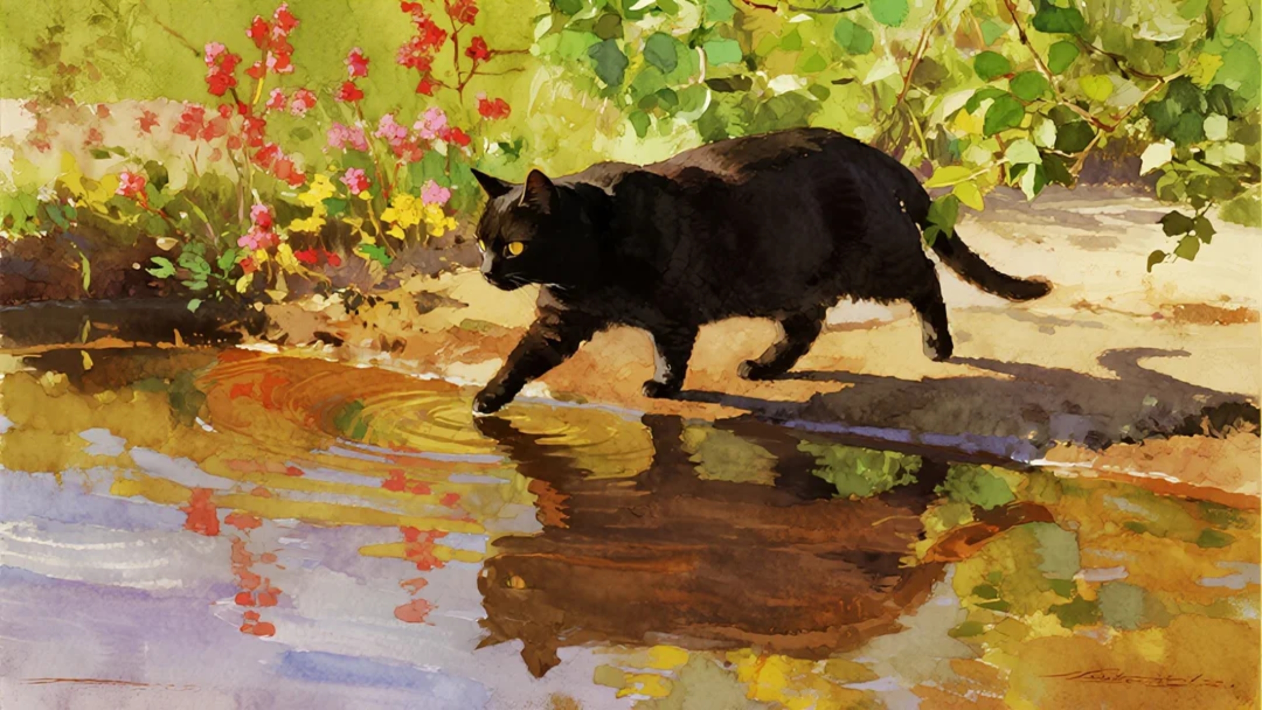 黑猫玩水