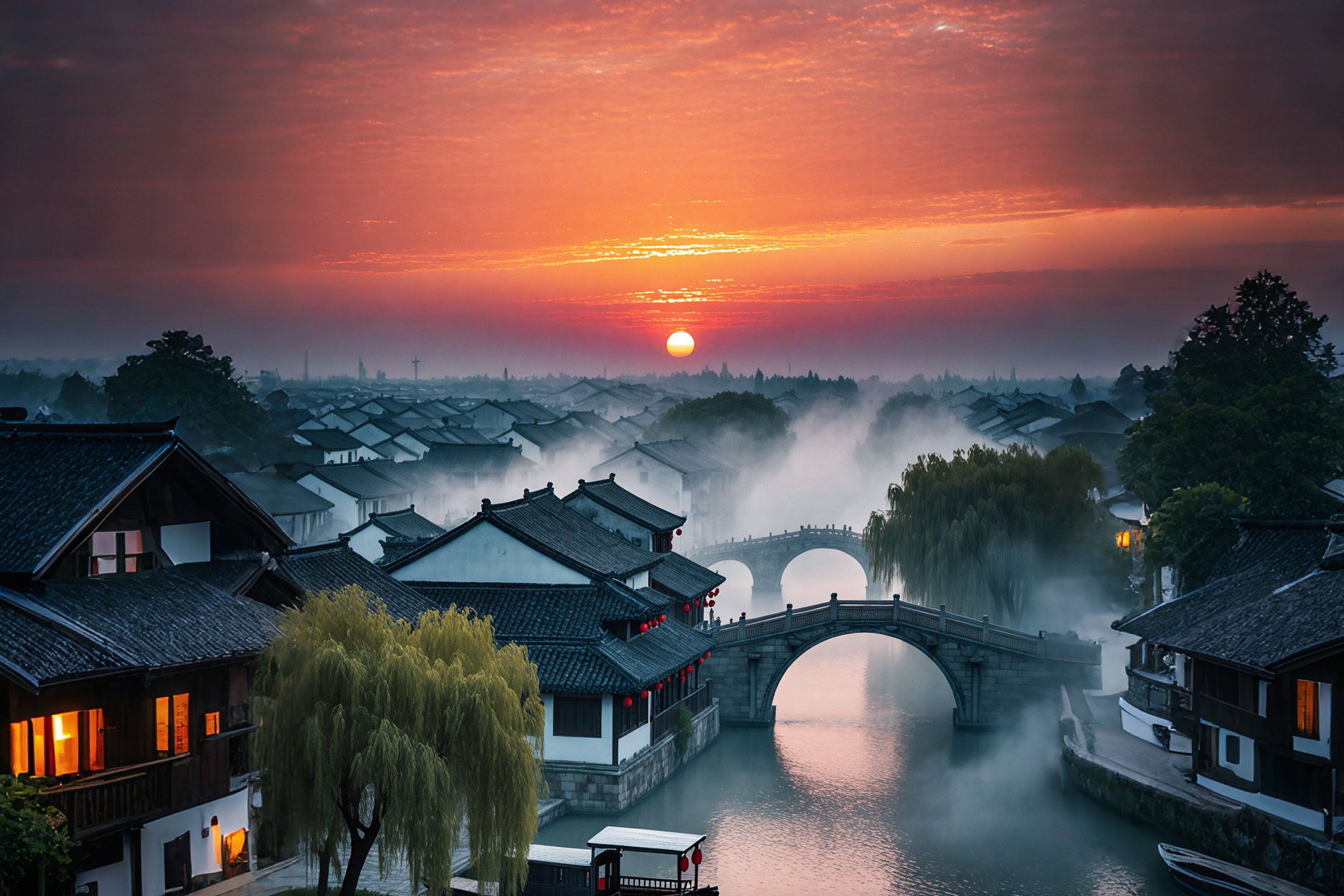 霞雾锁水乡