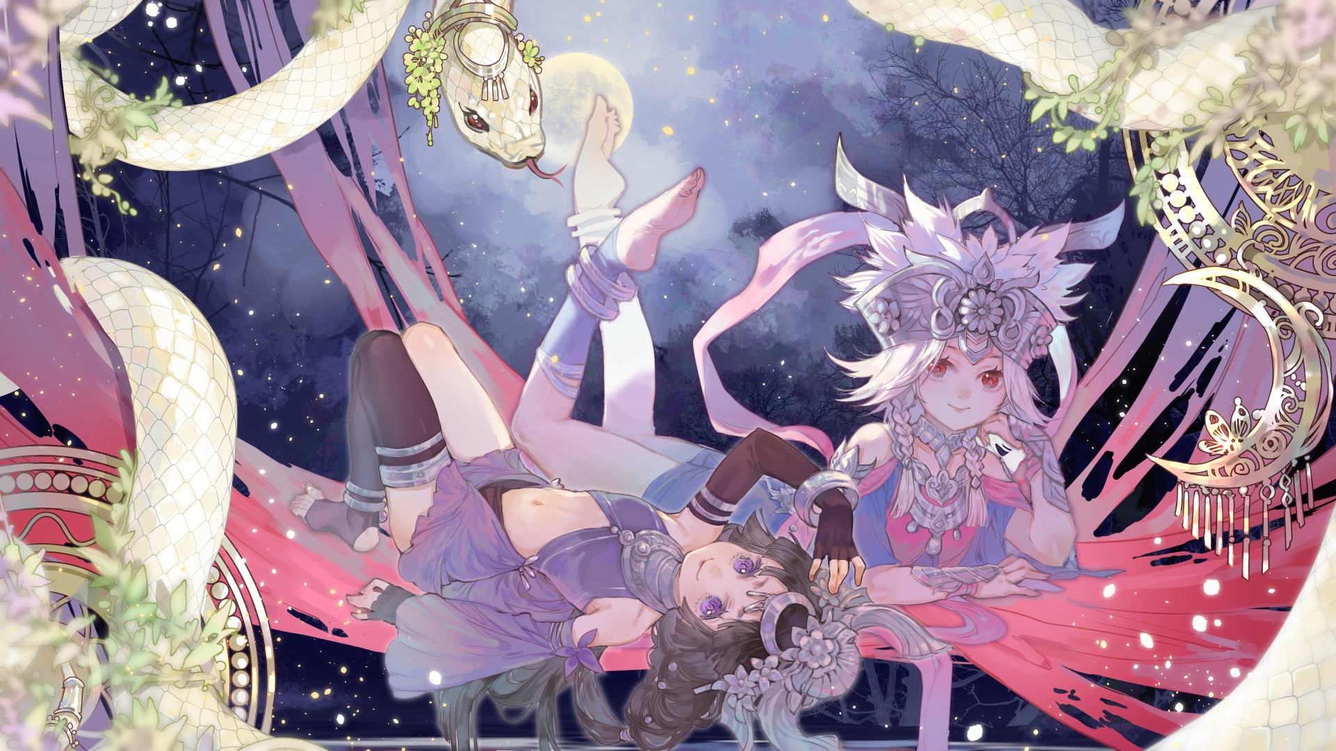 紫蓝月夜下两位苗族风少女与白蛇的国风插画