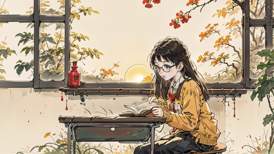 女孩黄昏读书