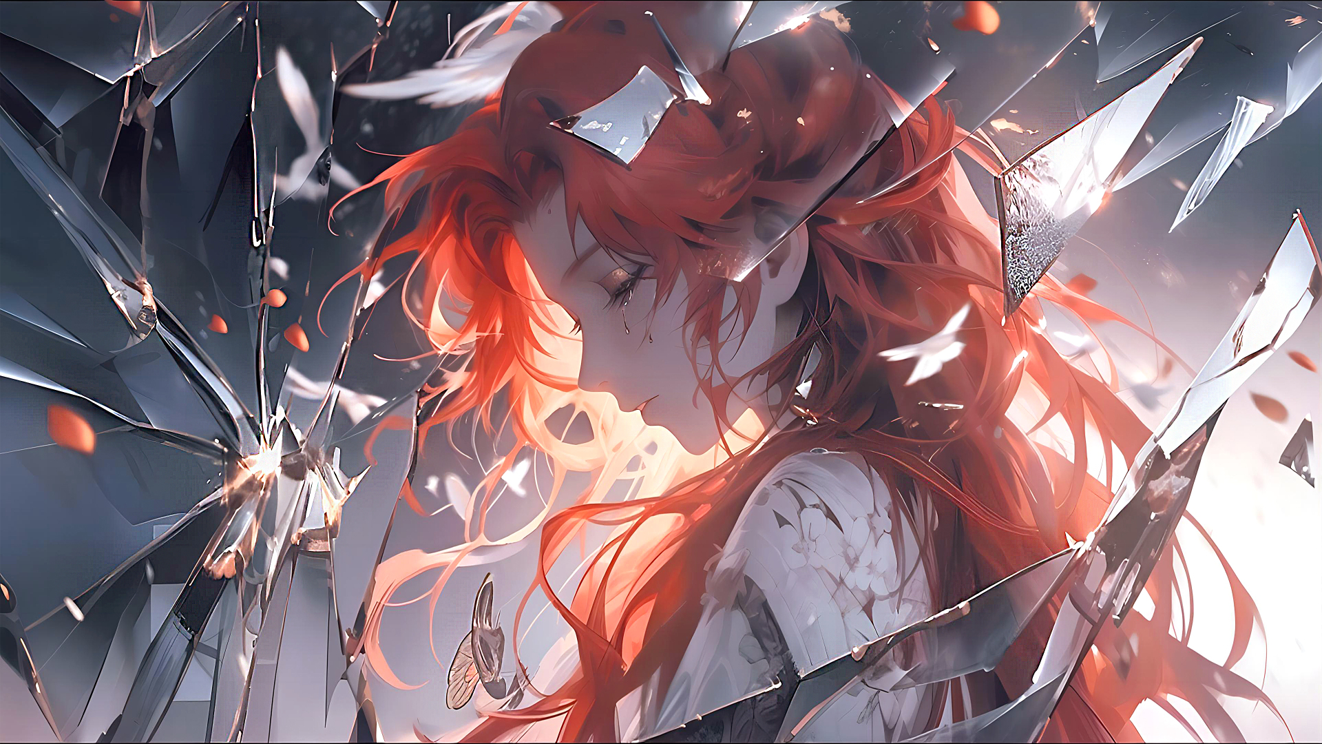红卷发流泪少女站在碎裂玻璃之间，背景为冷灰调并漂浮橙红色光点
