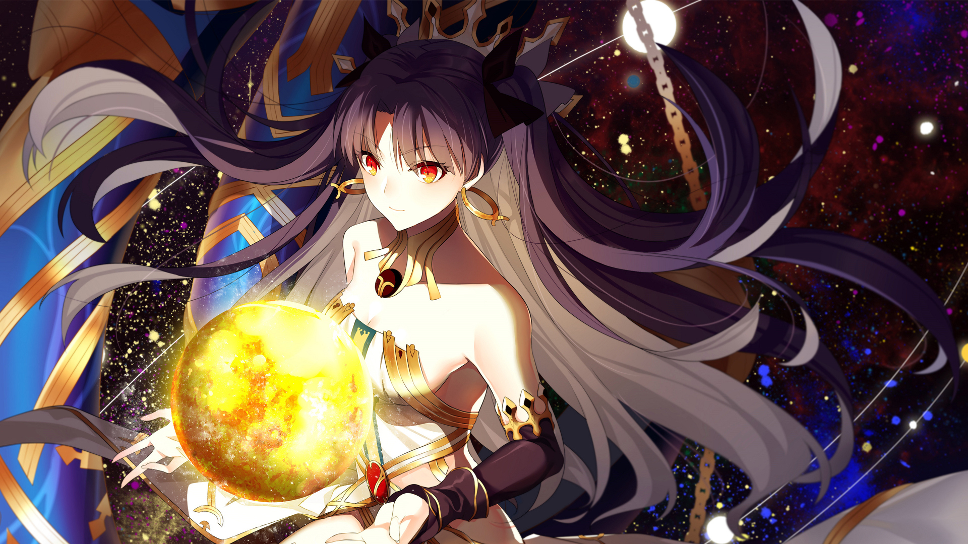 二次元长发少女掌托发光火球，置身星空星轨背景中