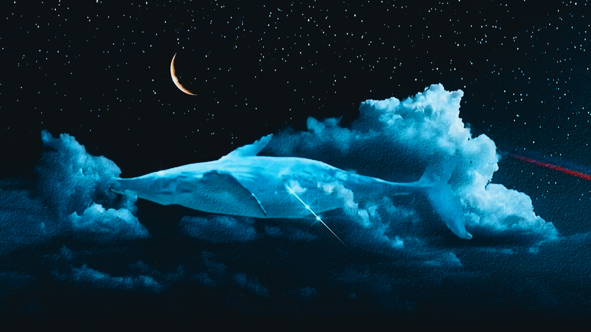 深蓝色暗调夜空中，布满繁星，暖金色弯月悬于天际，中部偏下是一团幻化为蓝鲸形态的蓬松云团，点缀细碎暖金色光斑。