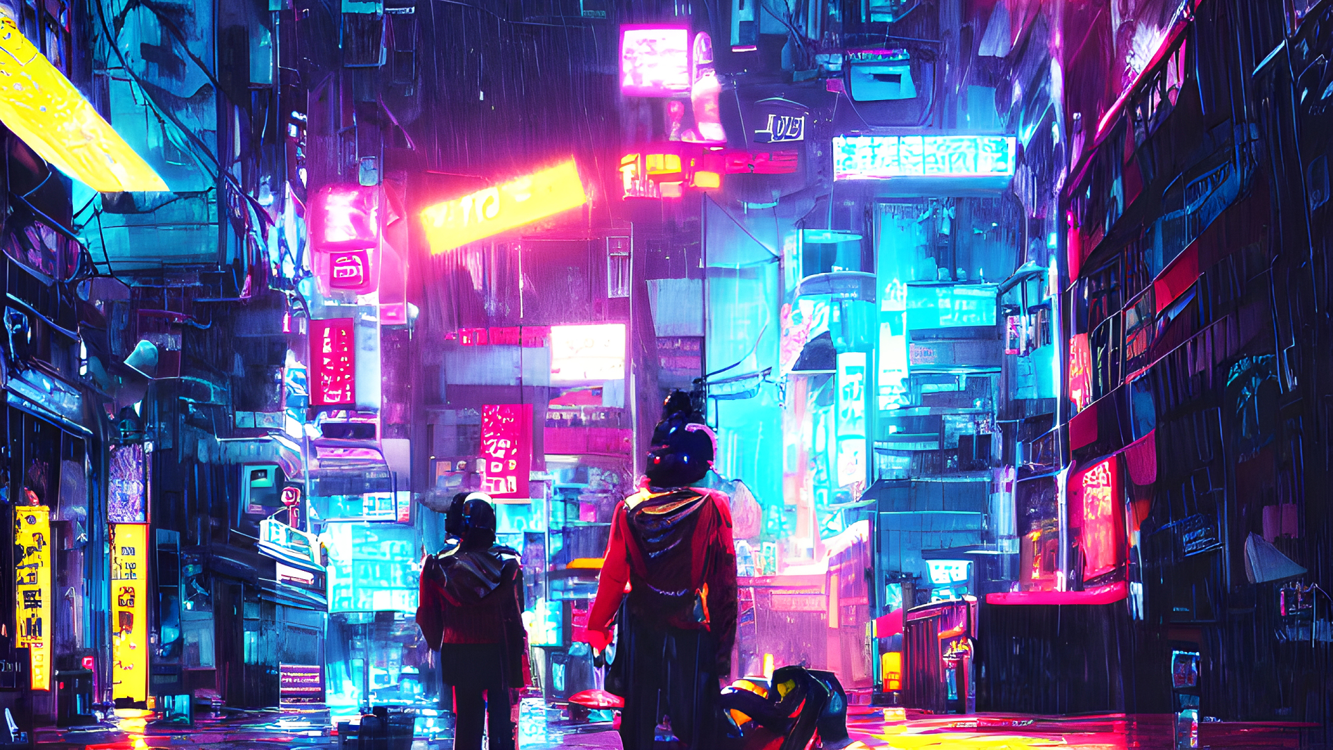 两名背影人物站在布满蓝紫霓虹的雨夜小巷中。