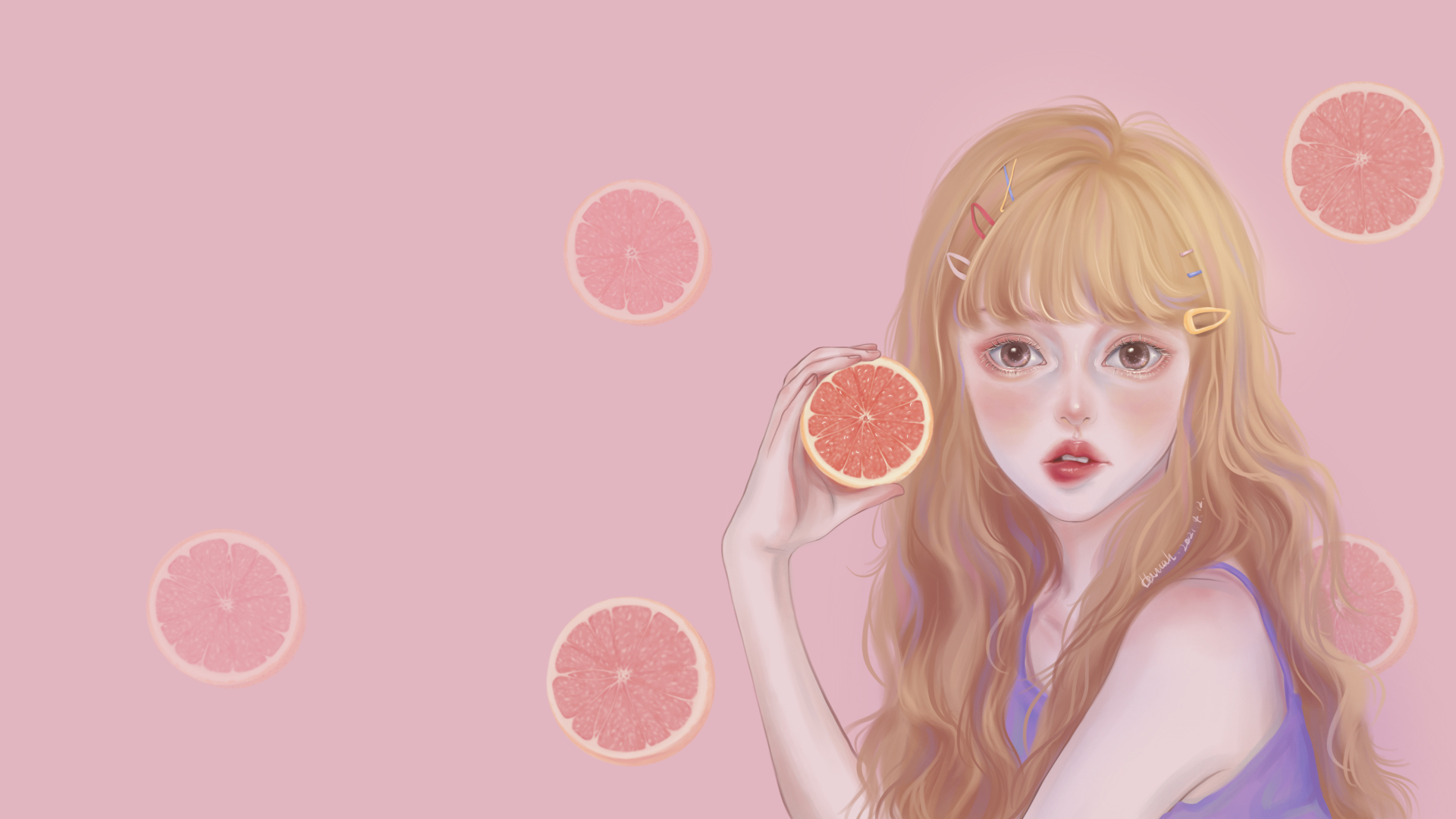 淡粉色背景平涂插画，浅金色长卷发佩戴多色发夹的年轻女性，周围悬浮多片粉橙色西柚切片。