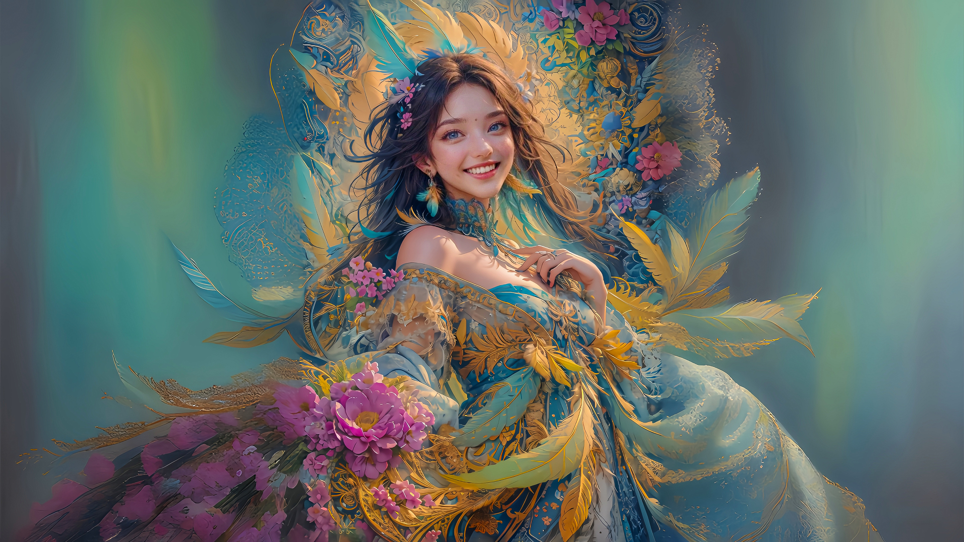 青蓝色背景前，身着蓝金装饰长裙的微笑年轻女性被蓝黄配色带金纹的羽毛、粉紫色花卉环绕，为厚涂插画风格。
