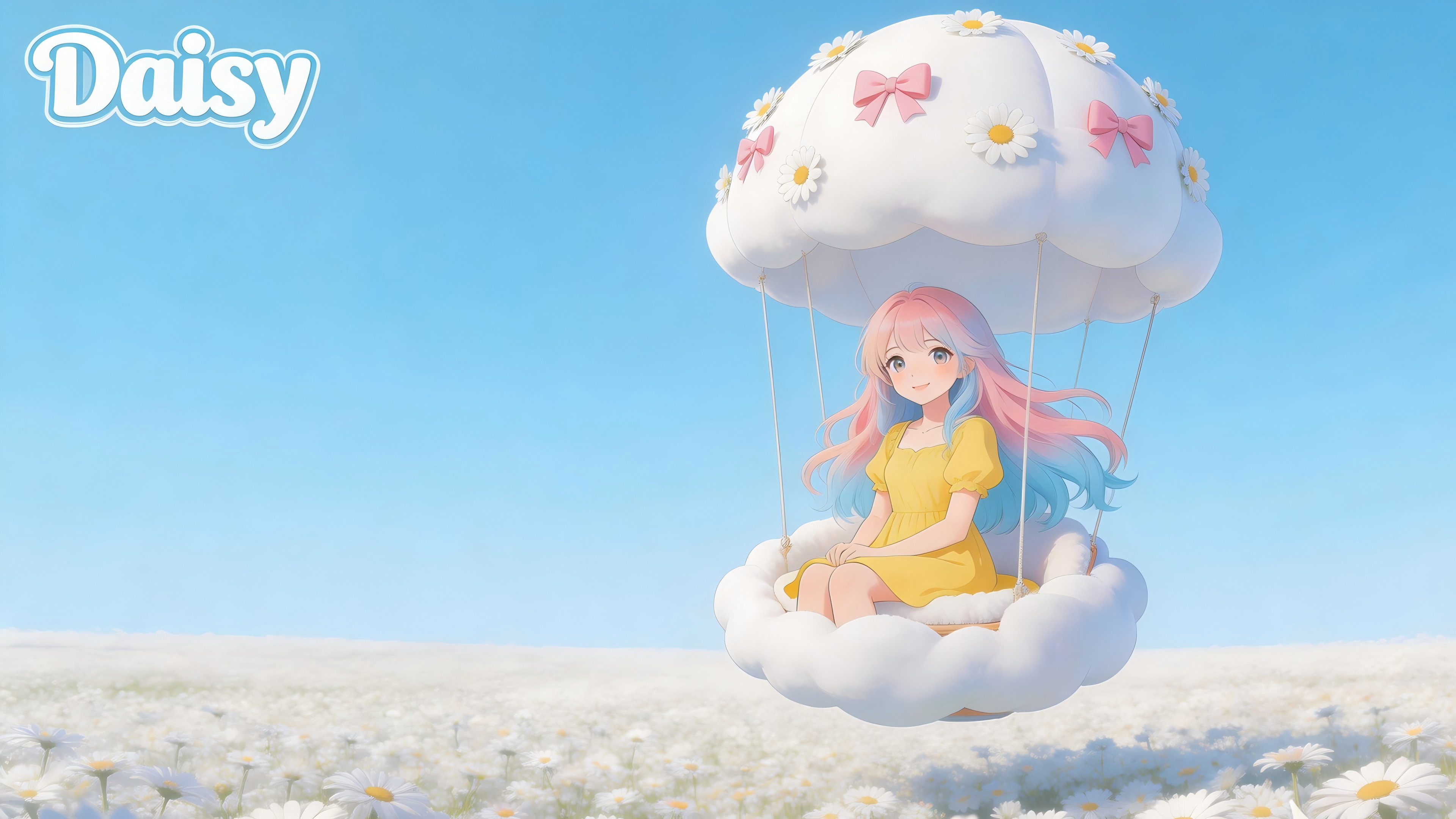 雏菊花海之上的云朵热气球少女