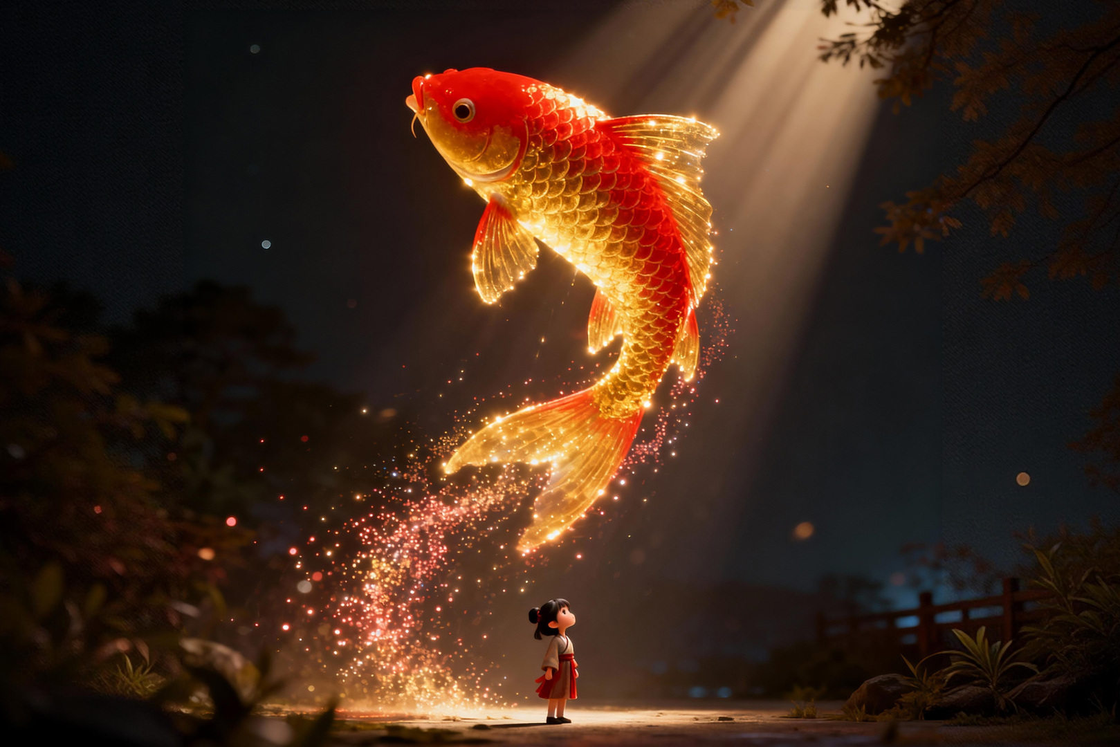 穿浅白上衣红裙的小女孩站在夜晚步道上，抬头望向凌空的红金发光锦鲤，锦鲤周身飘着金色光粒。