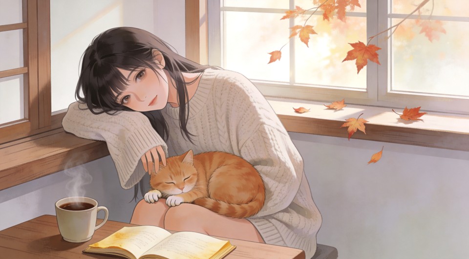 秋日燕麦色少女与猫