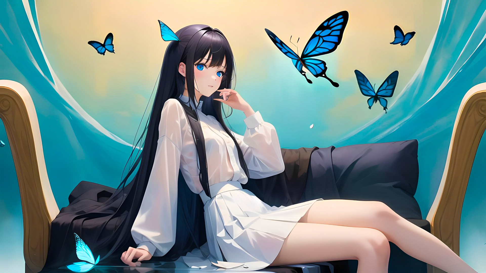黑长直蓝眼少女身着白衣，身旁环绕多只亮蓝色蝴蝶