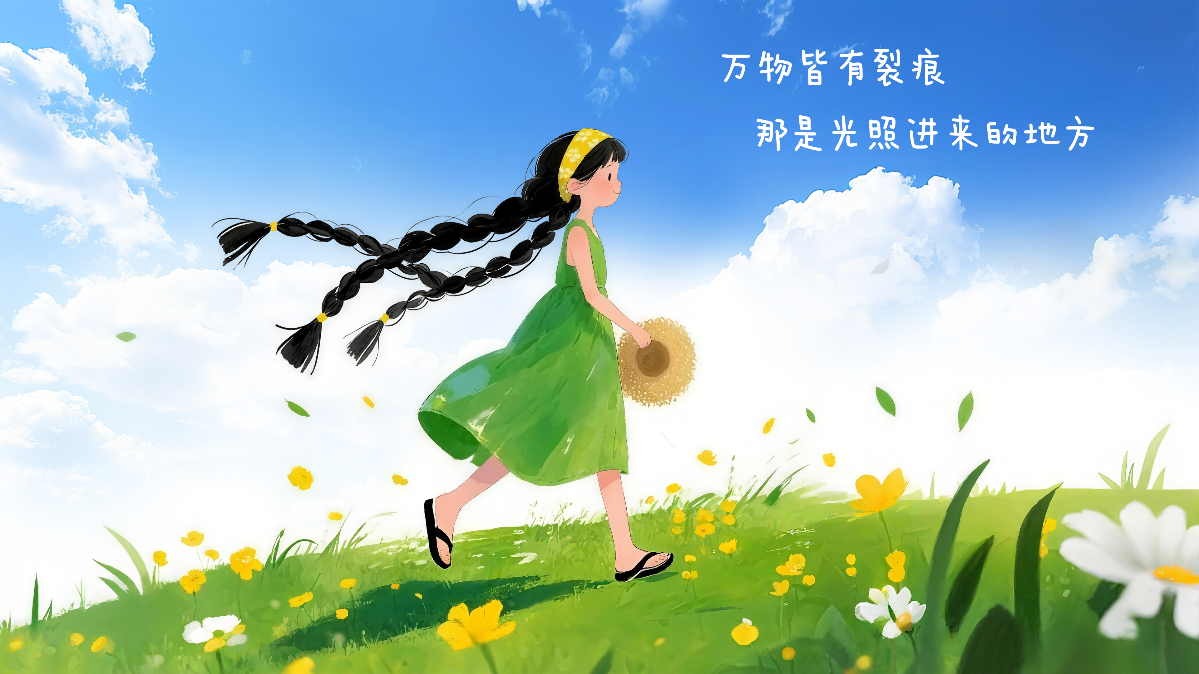 清新文字治愈草地小女孩