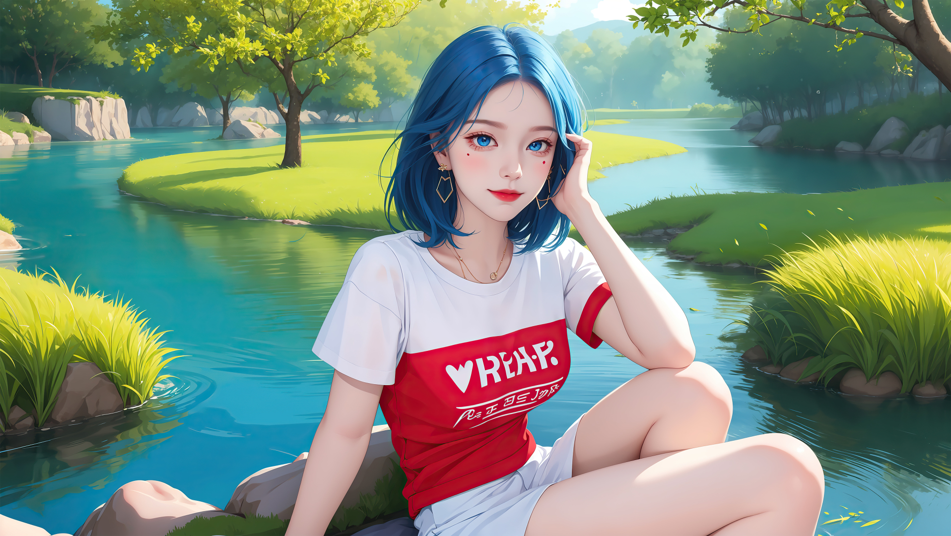 蓝发少女坐在河畔石块上，身后是青绿色河道与缓坡草地。