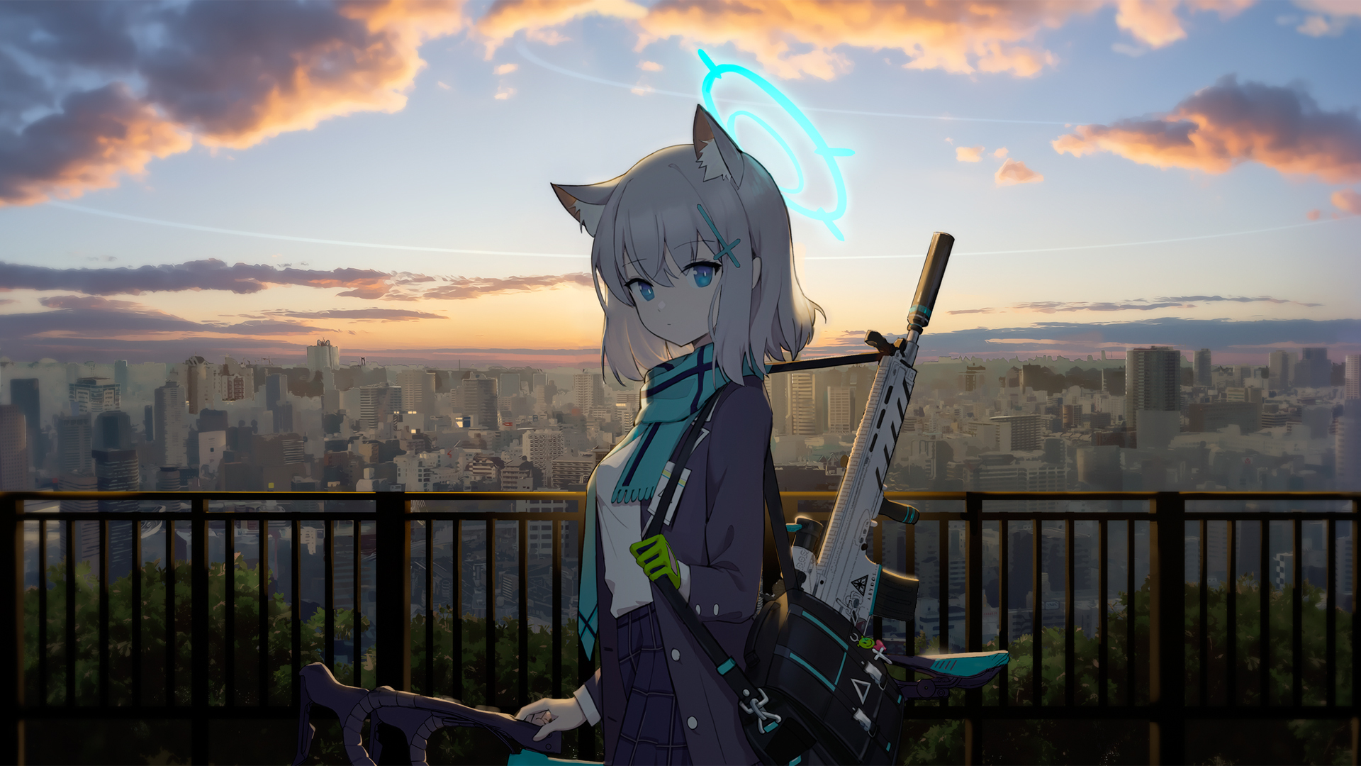 日系二次元猫耳少女站在黄昏露台上，头顶青蓝色光环，背负白色消音步枪，远景为橙粉云层下的城市建筑群。