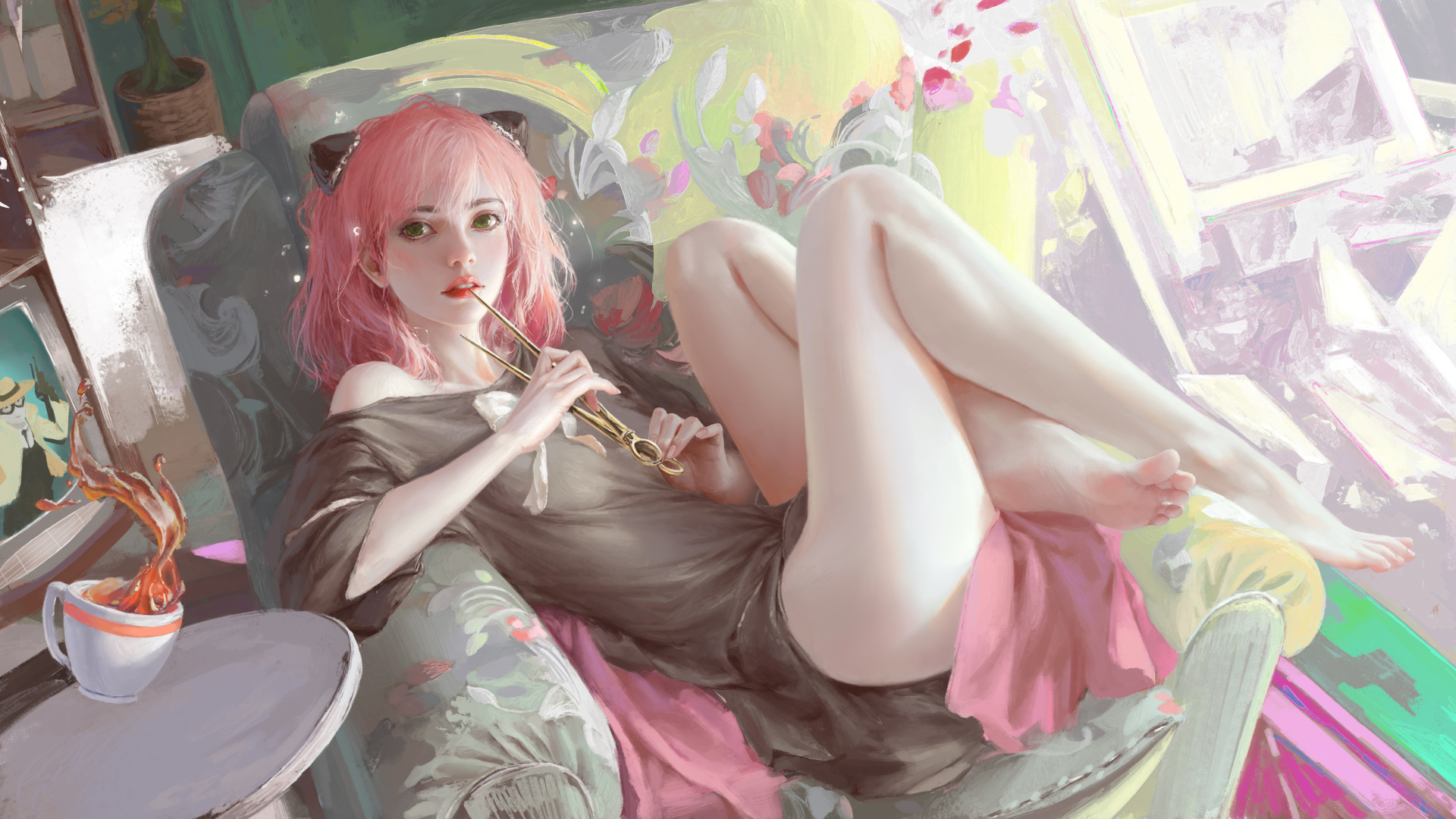 厚涂插画 粉发猫耳少女躺坐沙发手持剪刀