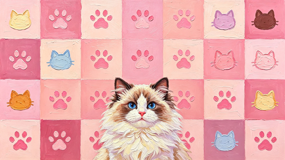 粉色系油画风布偶猫