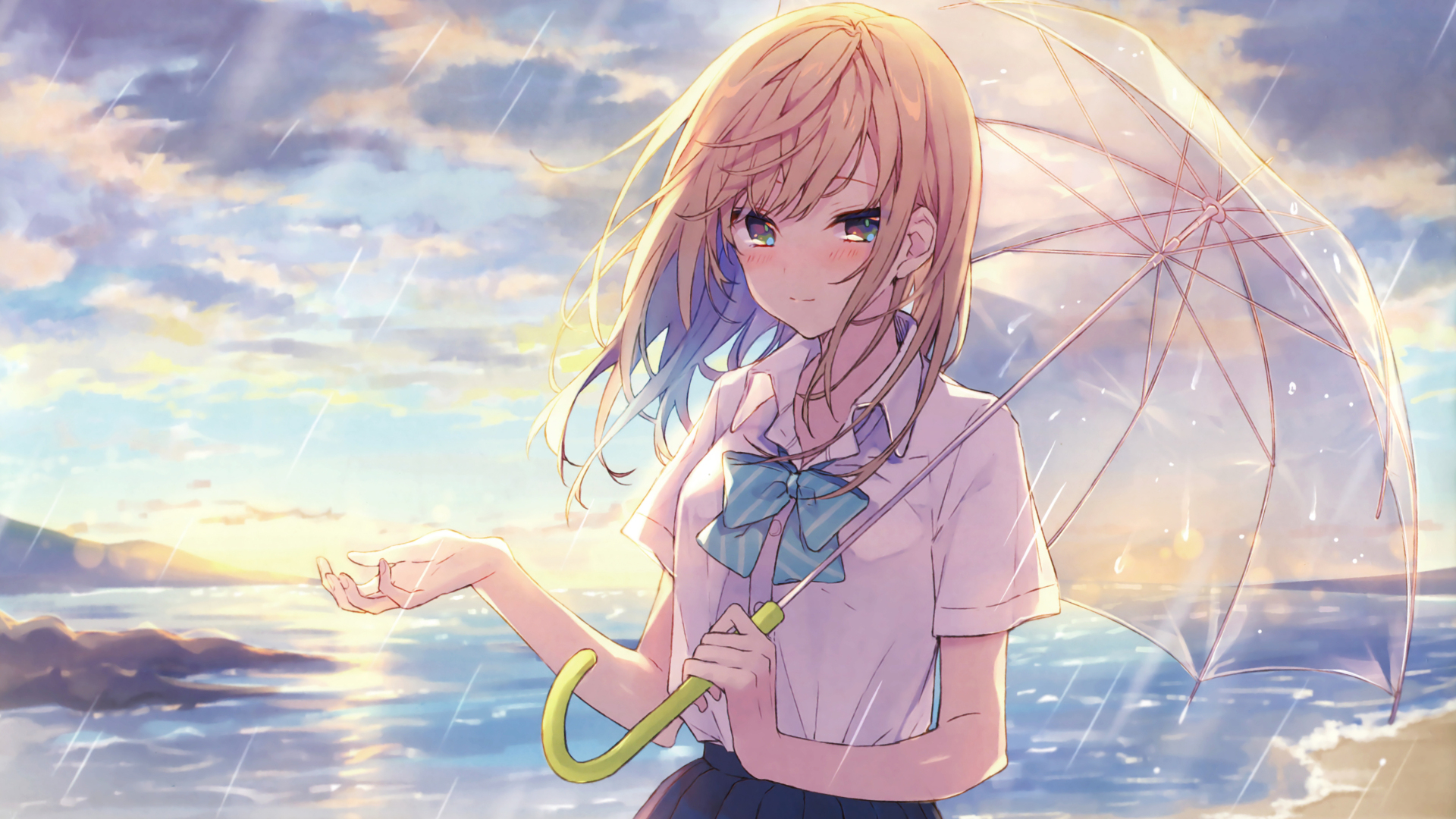 持透明雨伞的校服少女站在黄昏雨中的海边