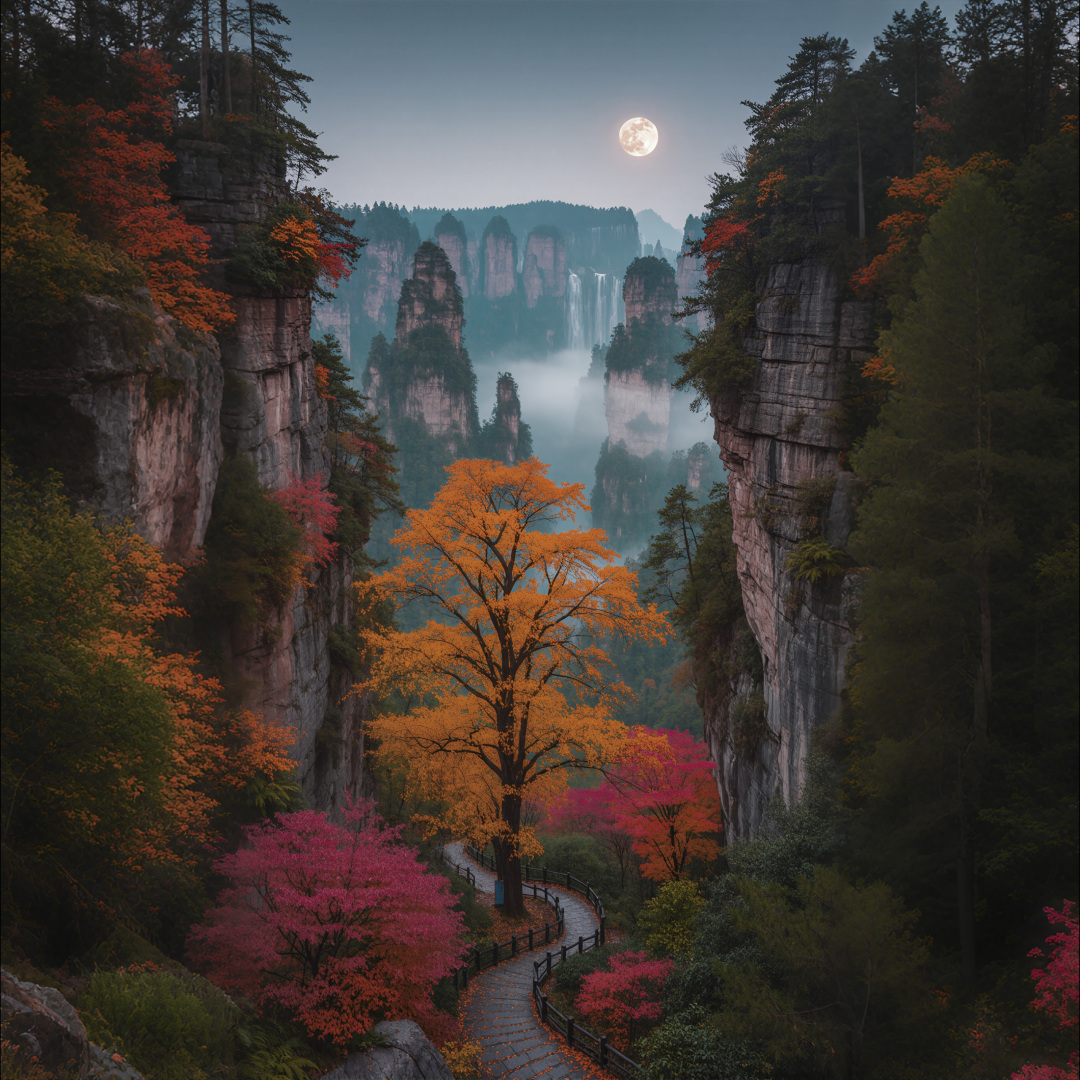 满月悬于灰青色夜空，喀斯特峰林峡谷间遍布橙红橙黄秋日植被，峡谷底部步道蜿蜒，远处可见瀑布与山涧薄雾。