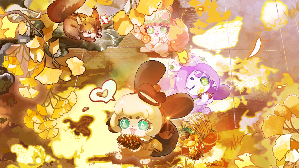 卡布兔秋日落叶暖黄棕色壁纸