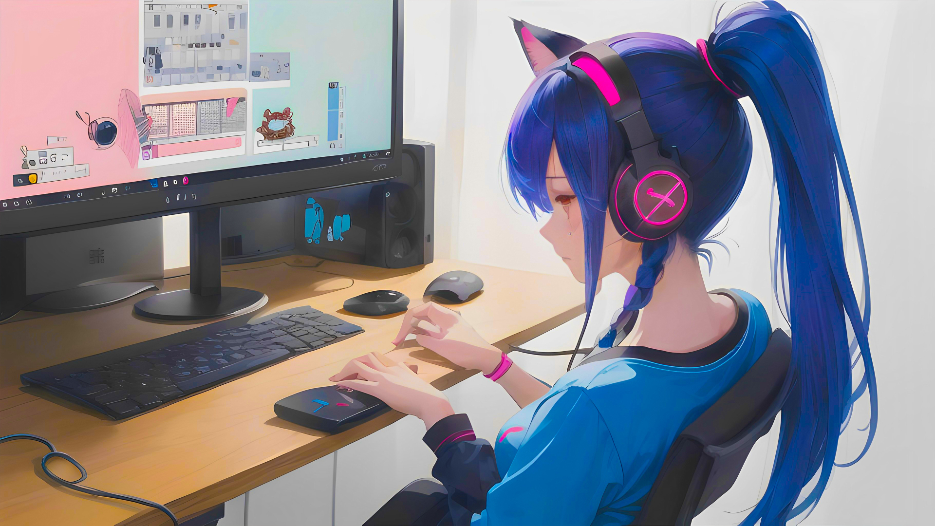 蓝发猫耳少女戴粉黑耳机，坐在木桌前操作数位板，显示器显示设计草稿。