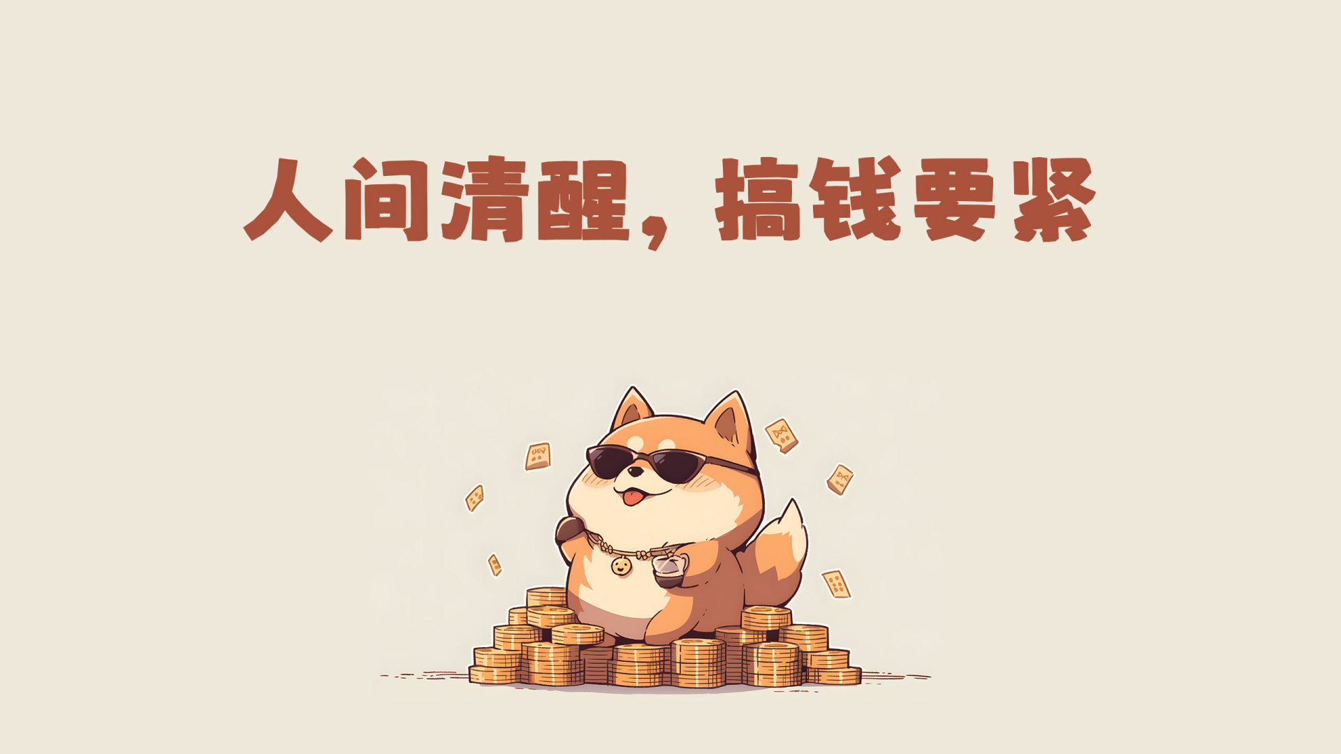 浅米色纯色背景中，佩戴黑墨镜与金链笑脸吊坠的卡通柴犬站在金币堆上，画面顶部印有“人间清醒，搞钱要紧”文字。