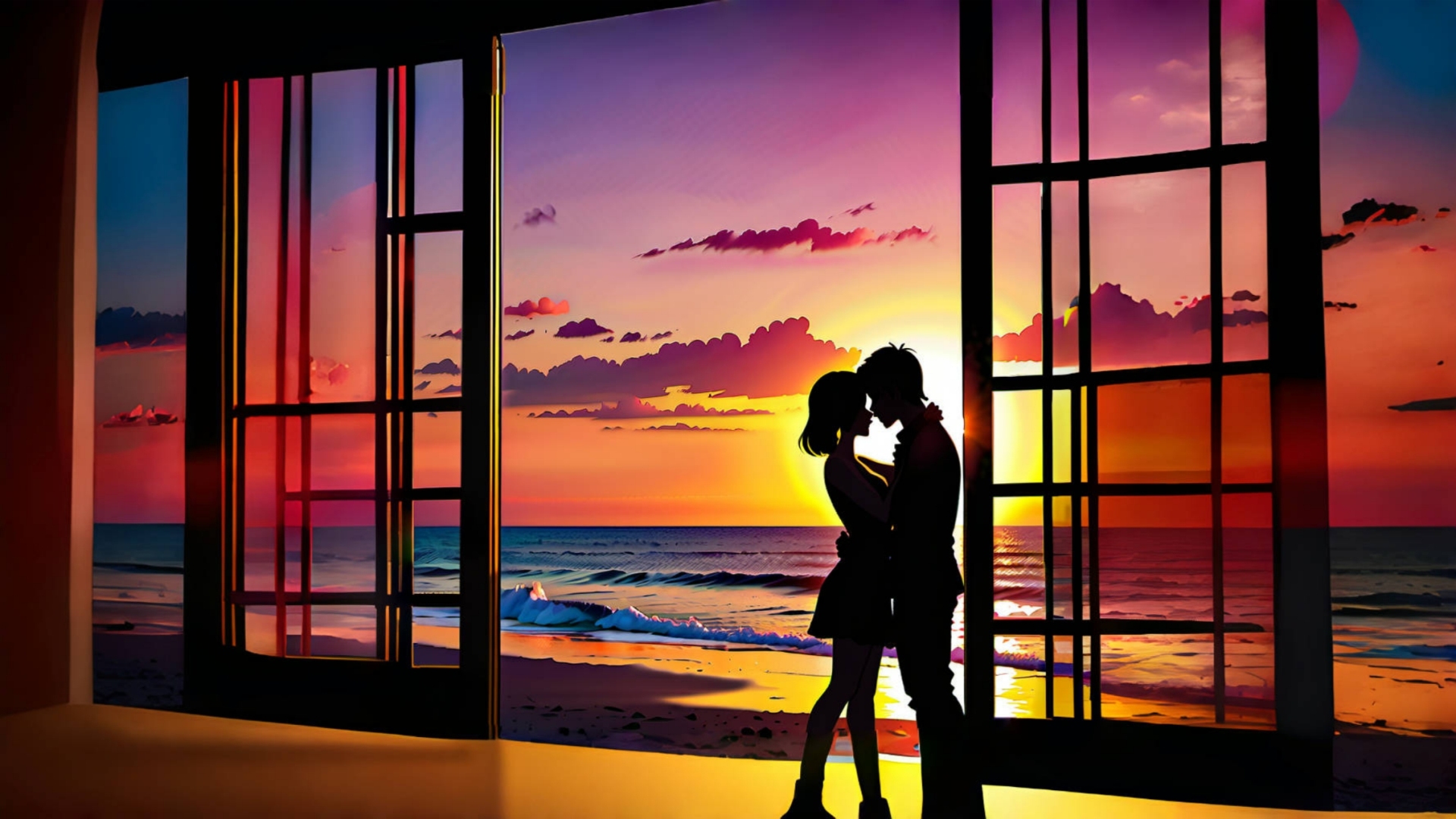 夕阳下的海边拥抱情侣