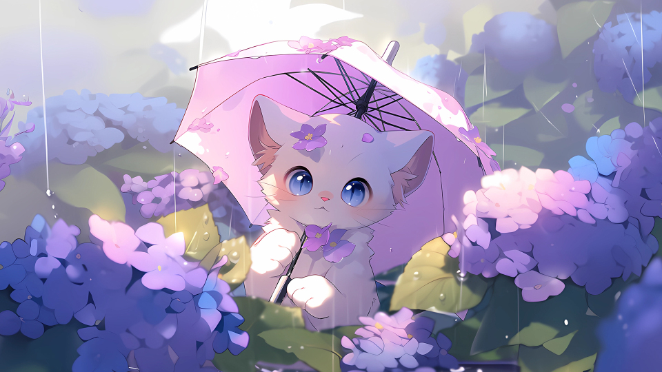 雨中蔷薇小猫