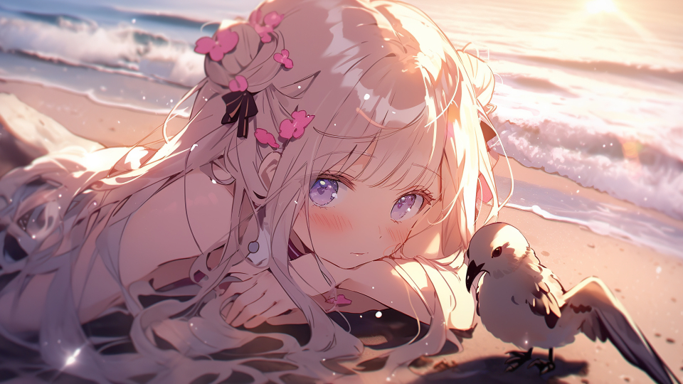 海边沙滩少女俯卧