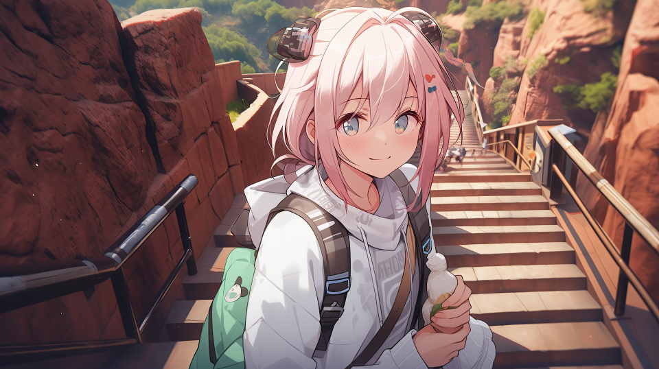 粉发少女爬山