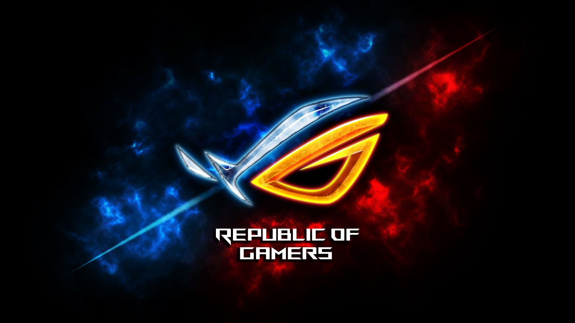 纯黑星云背景上的左右分色ROG眼睛标识，左蓝右黄，下方配有白色REPUBLIC OF GAMERS文字。