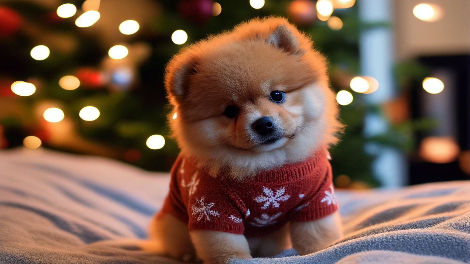 暖调室内场景中，浅棕色毛茸茸的博美幼犬身穿带白色雪花纹样的酒红色圣诞毛衣，正坐于虚化的带暖黄串灯的圣诞树前方。