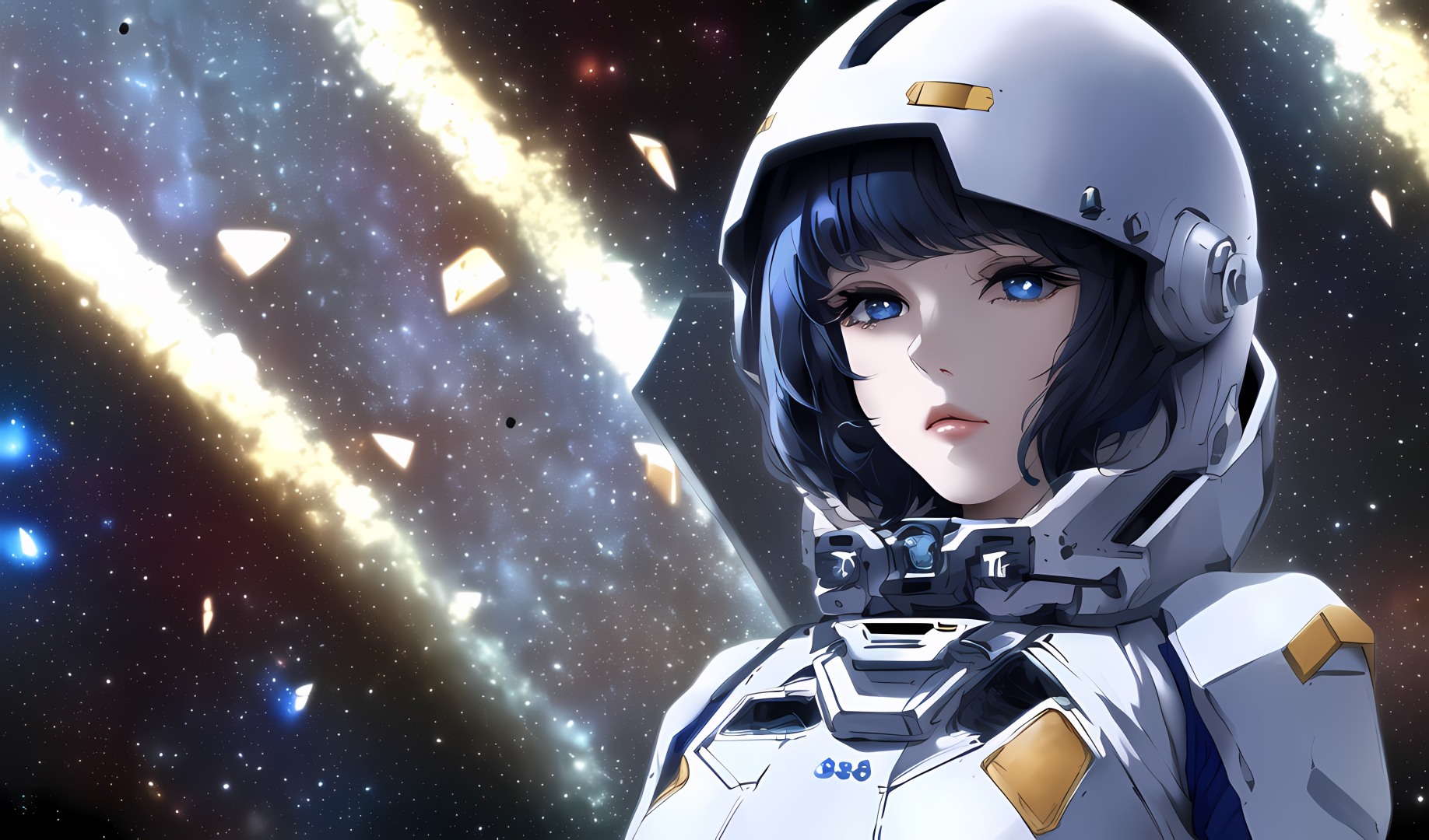 身着白宇航服的蓝眼短发少女 星云深空背景