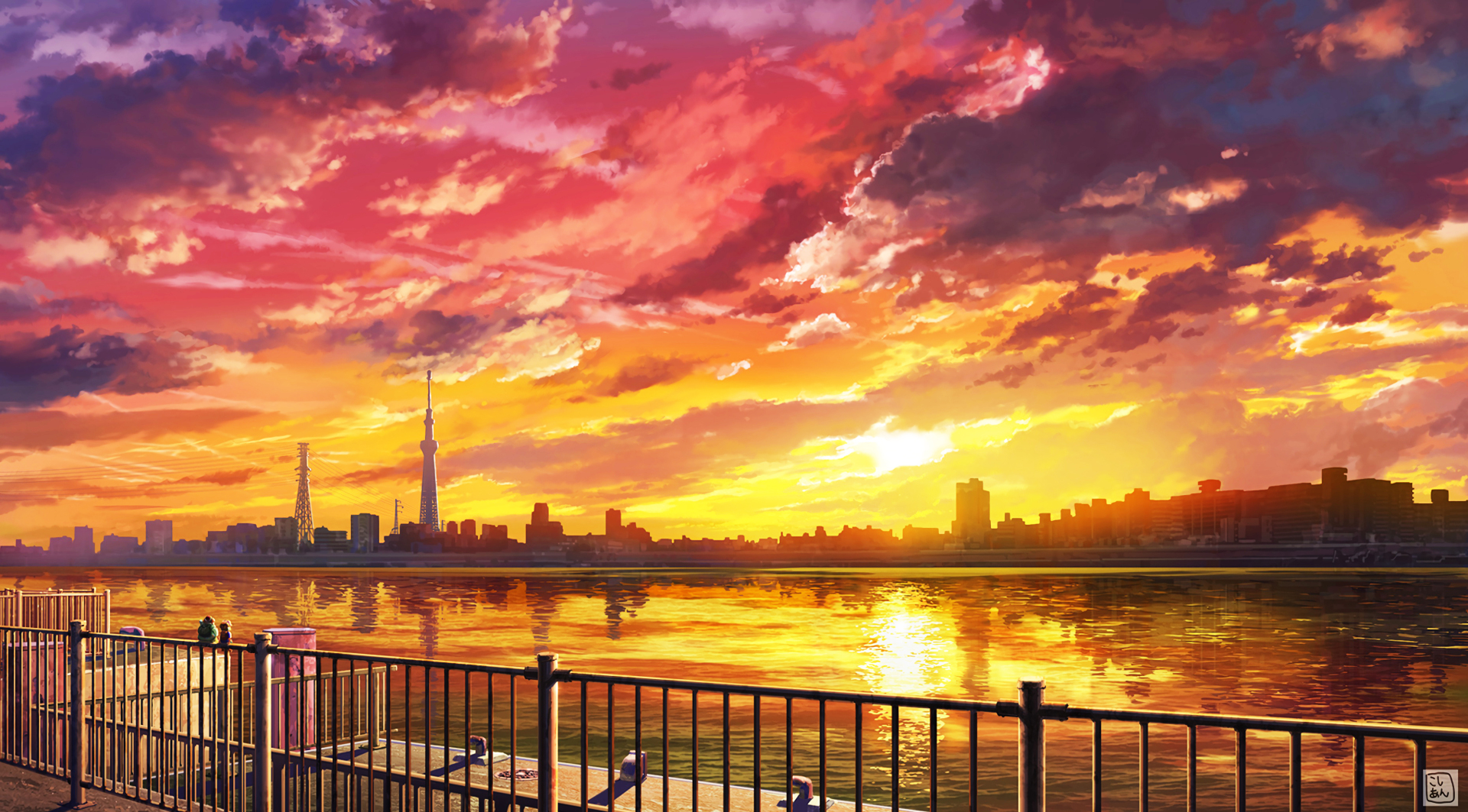 黄昏河畔城市风景插画，河面倒映霞光，对岸城市剪影衬着绚烂天空