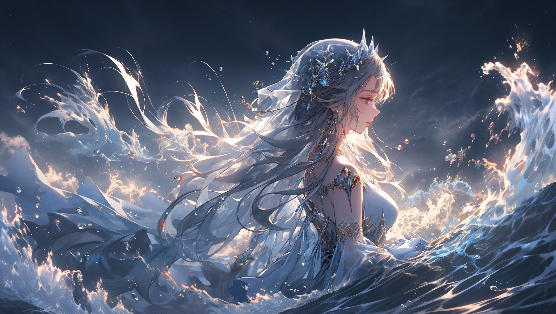 奇幻少女侧影立于翻涌海浪间，银灰长发随浪飞扬，深暗夜空衬出柔光