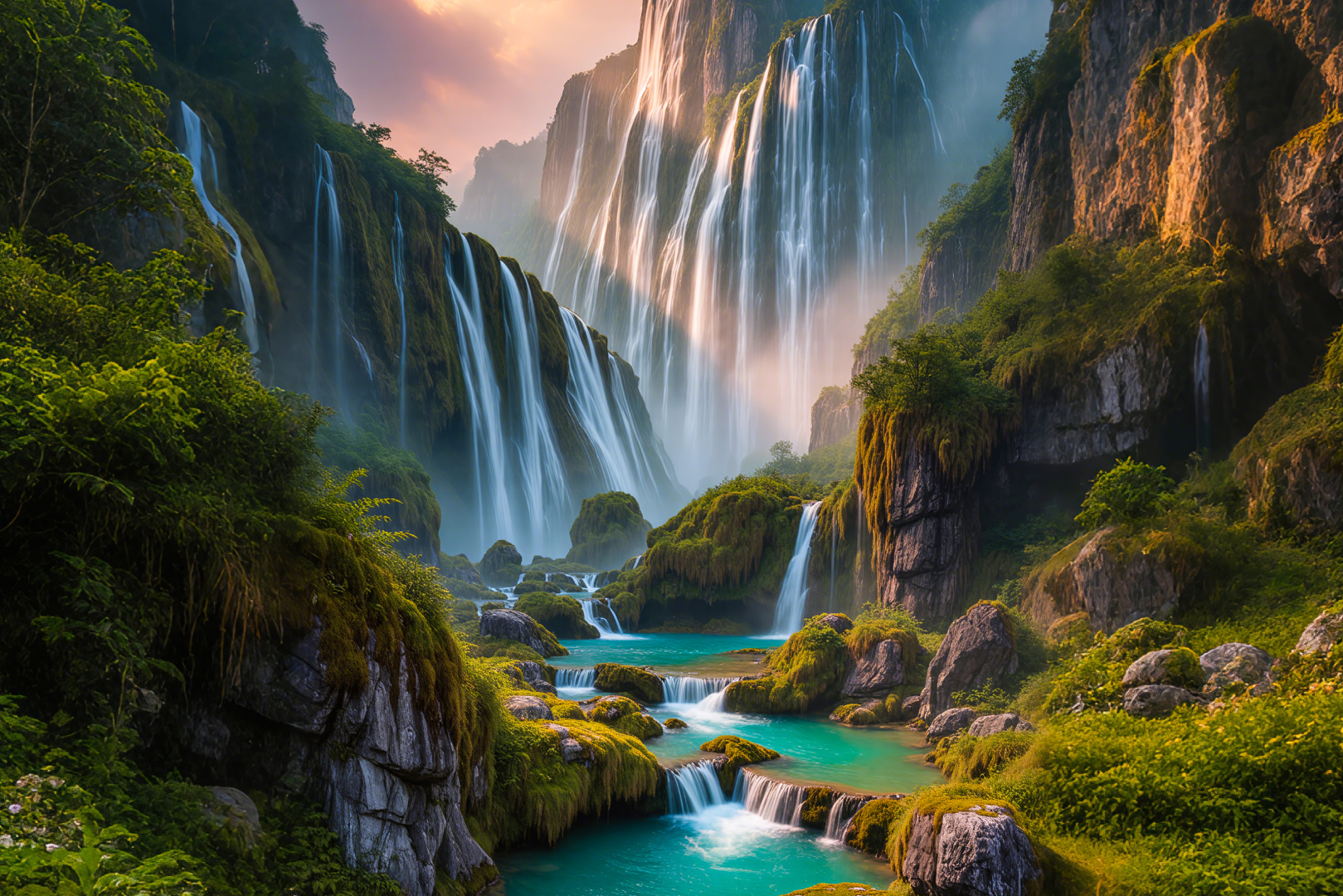 写实自然风景画面，多层级瀑布倾泻而下，下方衔接青绿色山间水潭，两侧覆盖鲜绿植被，黄昏暖光穿过水雾晕染粉橙霞光。