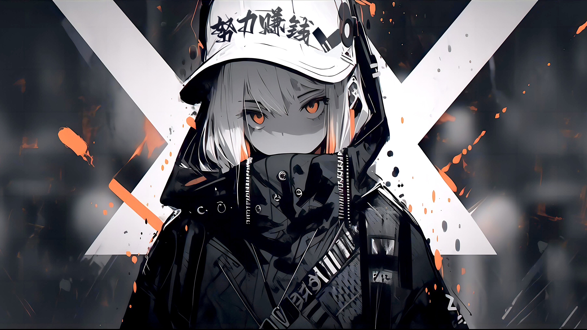 二次元少女戴白棒球帽穿黑机能外套 橙眼黑白橙调街头插画