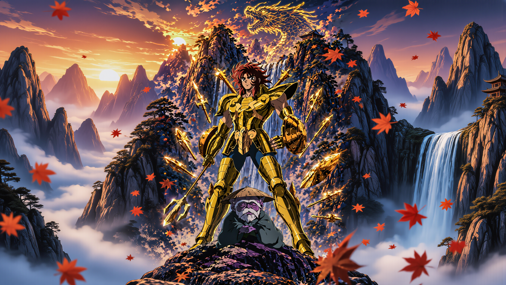 黄金铠甲战士站在云海山巅，身后飞瀑与落日相映，枫叶纷飞。