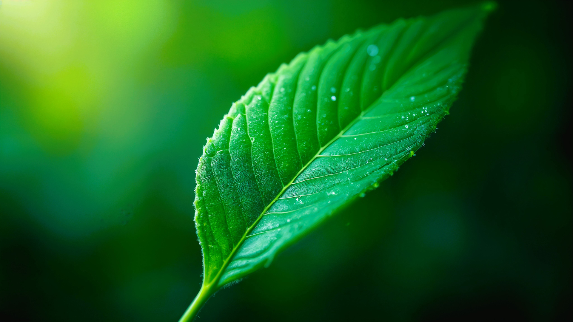 微距拍摄的带水珠鲜绿嫩叶，背景为朦胧深浅渐变的柔绿色虚化光斑。