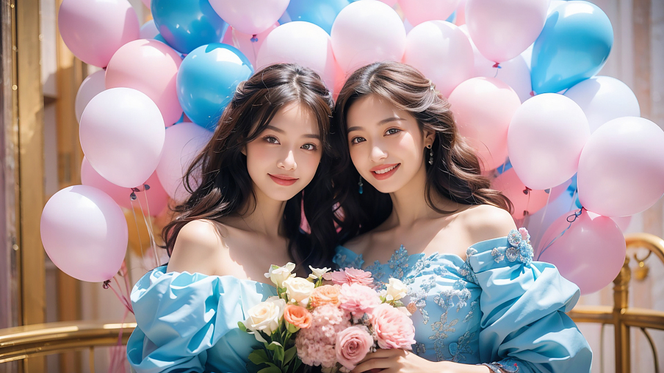 粉色气球鲜花美女