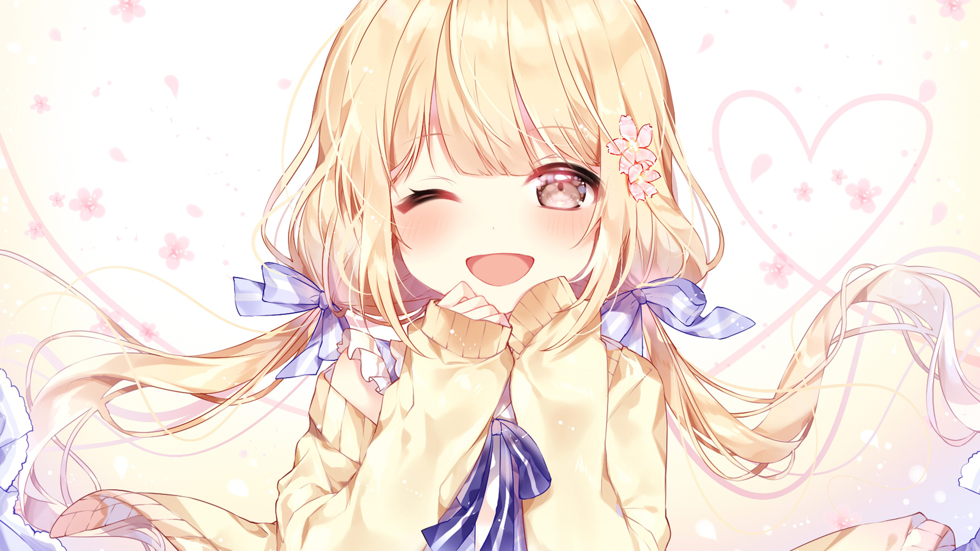 浅金双马尾少女眨眼笑，背景飘落粉色花瓣与爱心