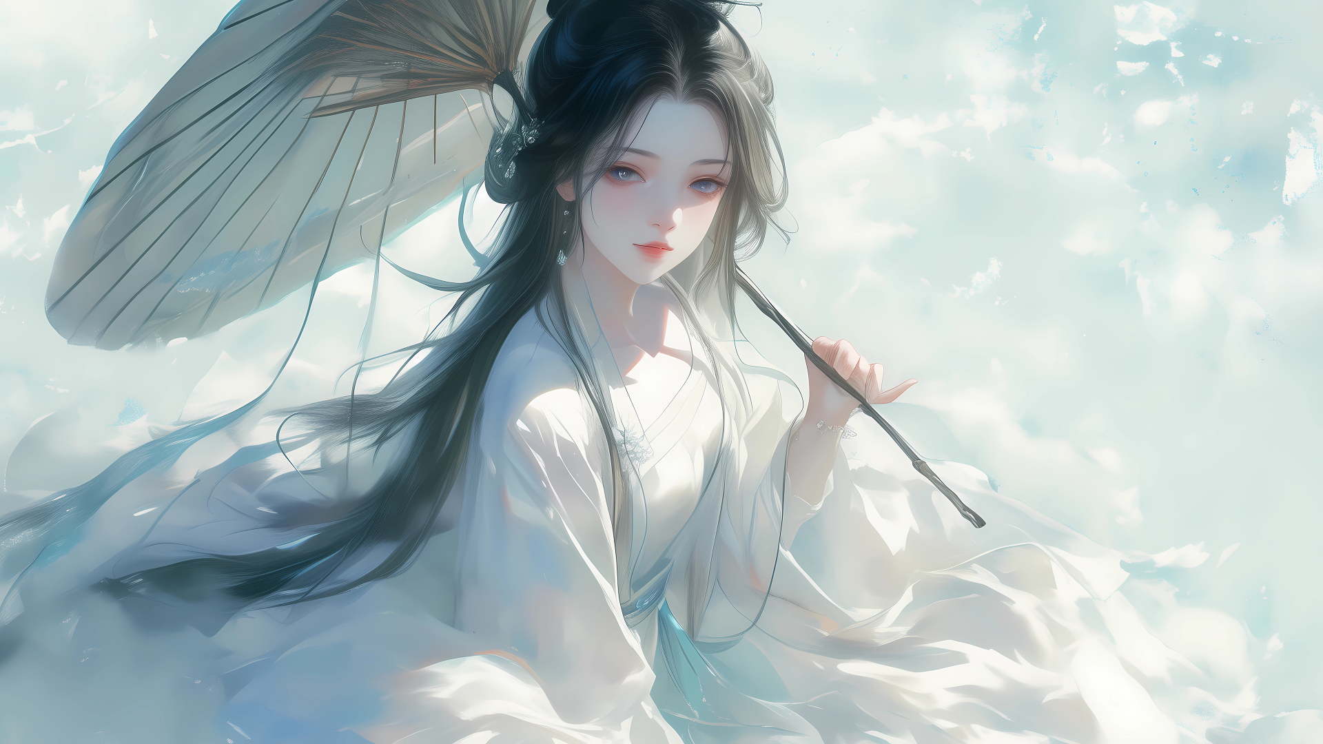 淡青云空下持油纸伞的白衣古风女子