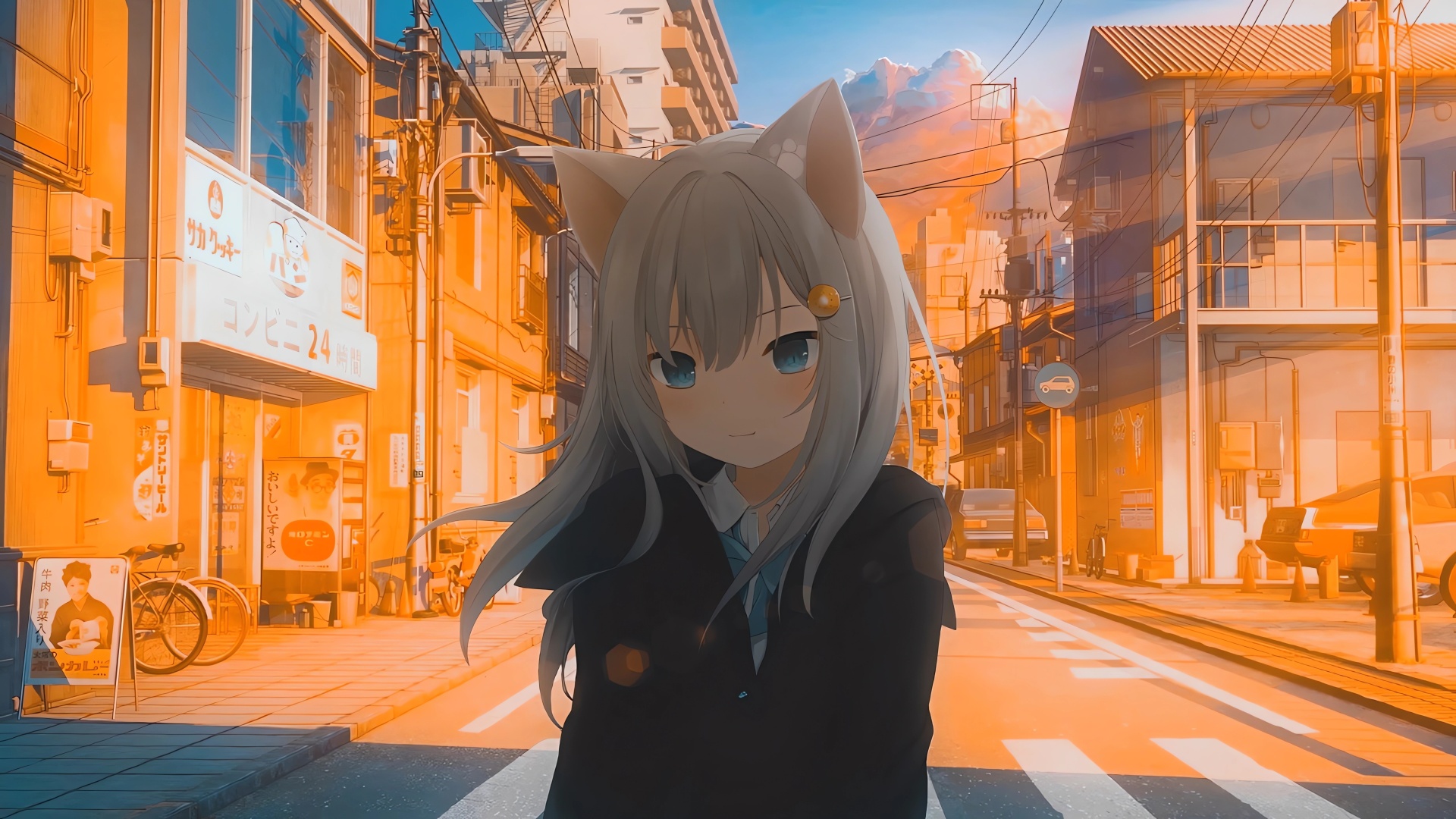 暖橙夕阳光笼罩的日系街道上，灰发蓝眼的猫耳少女立于斑马线前。