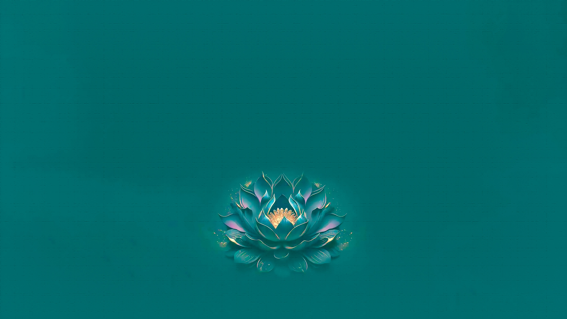 深青绿方格纹理背景中央盛放着描金青蓝色莲花，花瓣边缘泛着淡紫柔光，周围散落细碎金色亮斑。