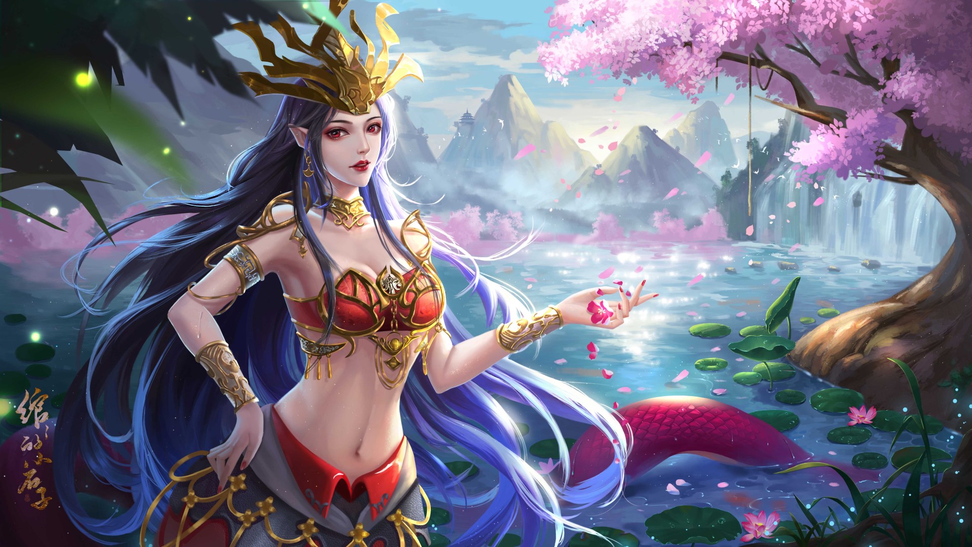 紫发尖耳人鱼女子，红鳞鱼尾浸在蓝调湖水中，旁侧是盛放的粉花树与青山飞瀑