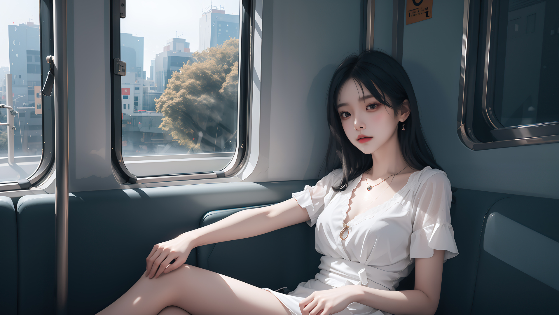 轨道交通车厢内，身着白色短款连衣裙的黑发少女倚靠在深蓝色皮质座椅上，佩戴细项链与小耳饰，车窗可见窗外城市建筑与行道树，为写实人像插画风格。