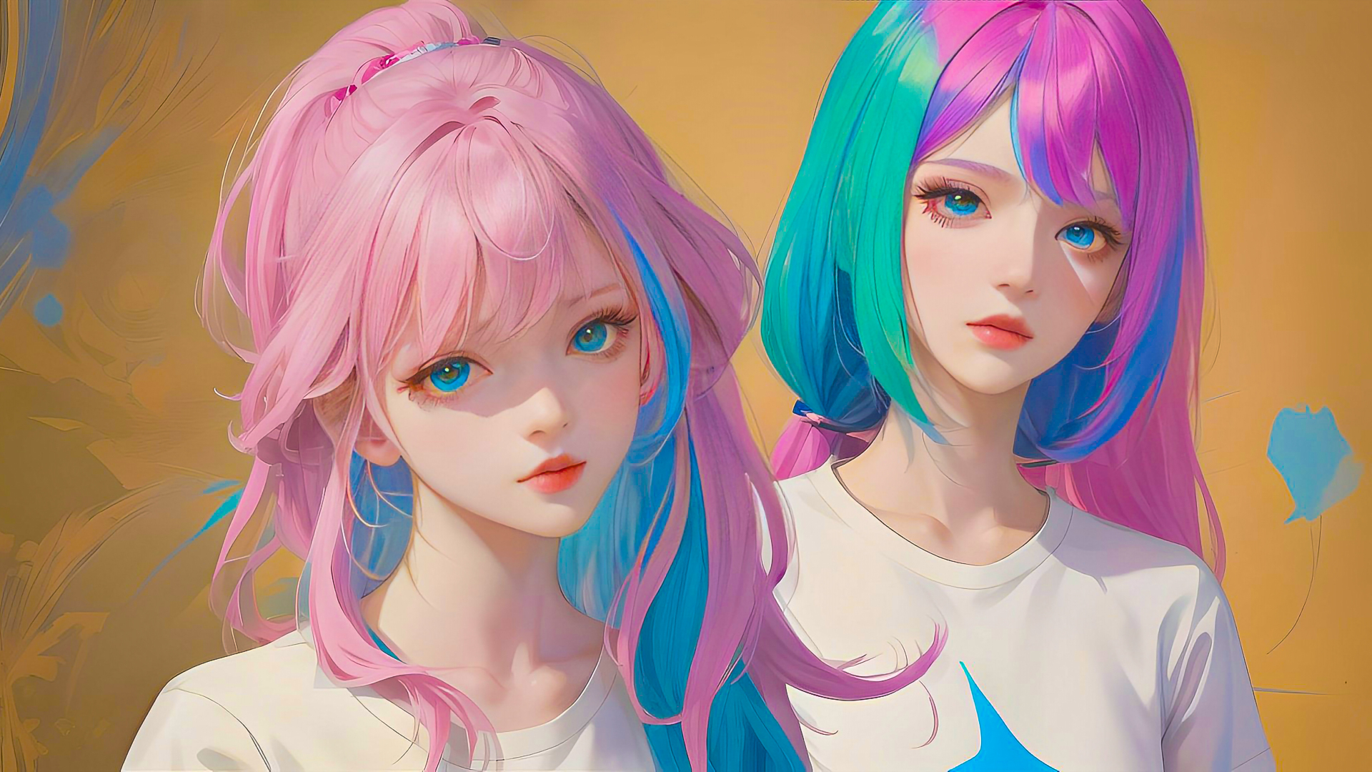 两位双少女粉蓝渐变发丝白T恤人像插画，暖黄抽象背景