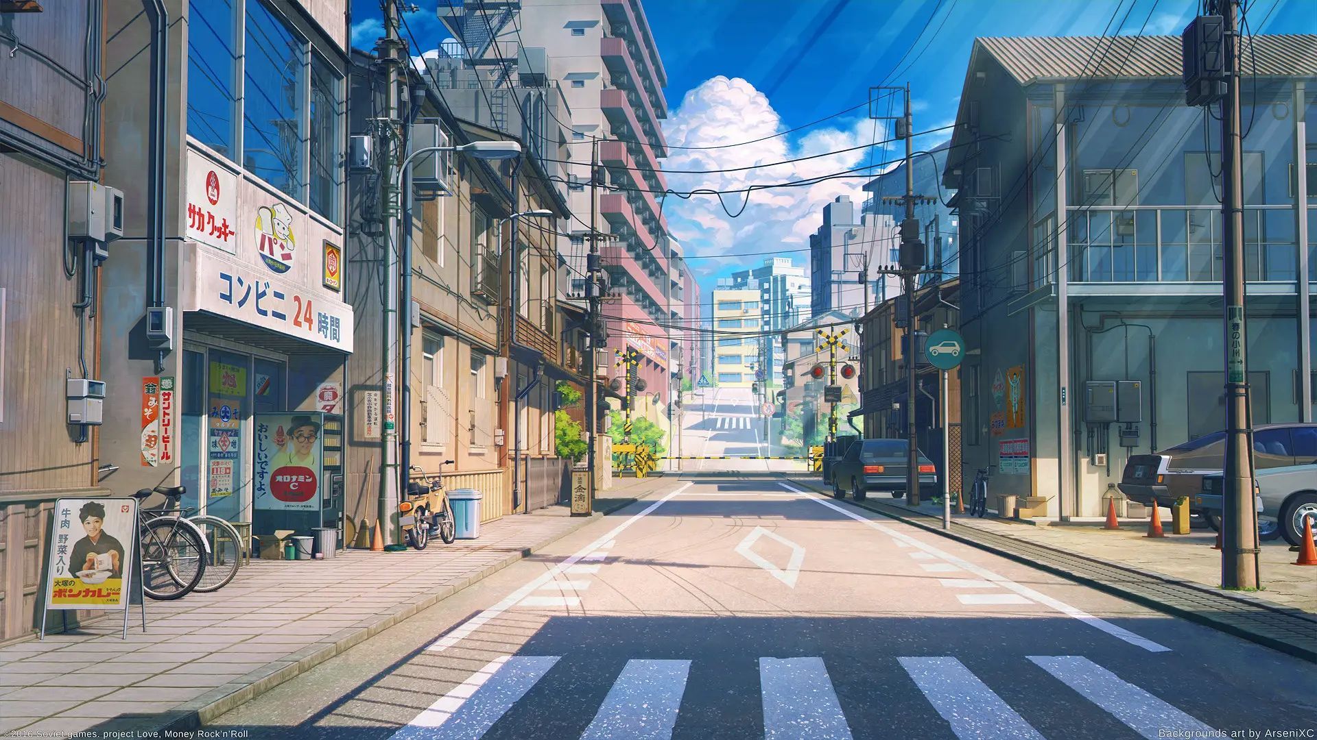 纵向延伸的空荡日式居民区街道，两侧排布临街商铺与民居，架空电线杆立于路边，上方是亮蓝色晴空与蓬松积云。