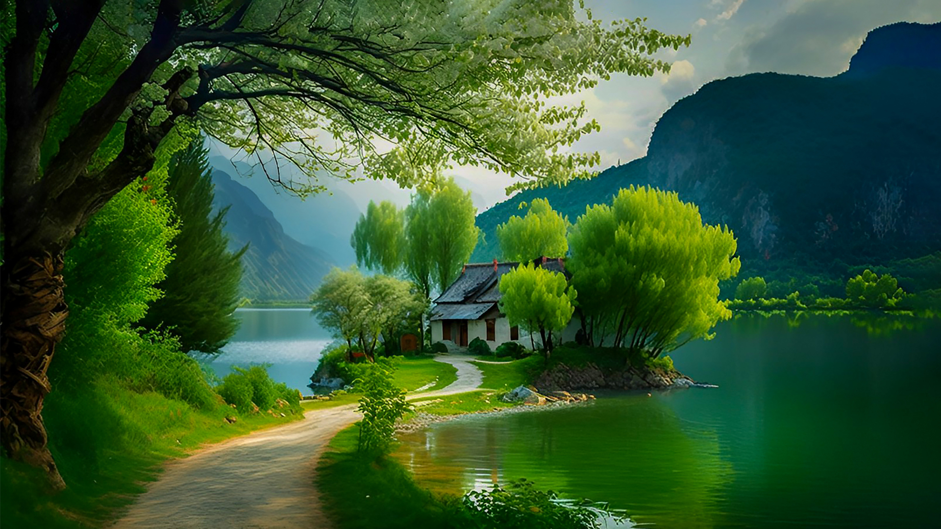 湖畔小径旁斜伸大树，湖中小岛坐落白墙小屋，周边绿植环绕，远处层叠青黛山峦。