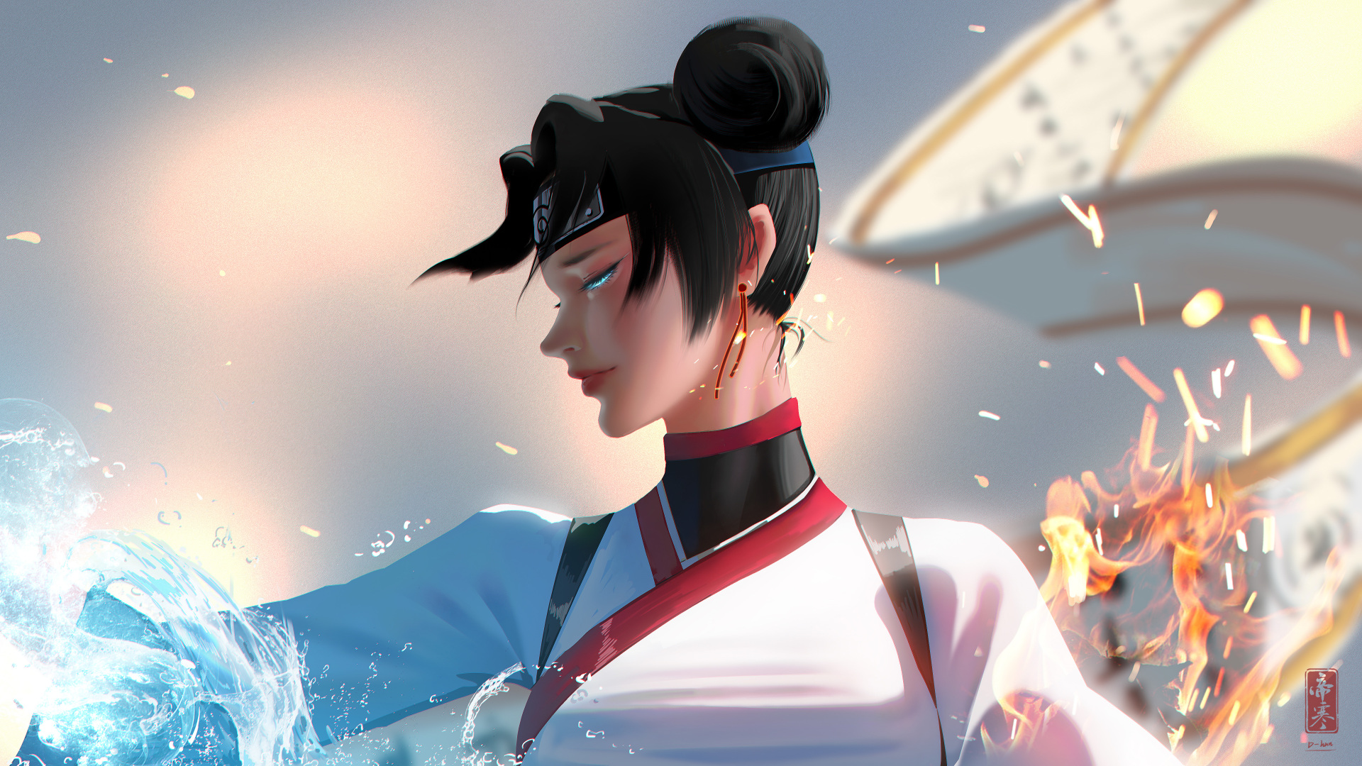 侧颜束高发髻的古风少女，一手旁翻涌蓝冰海浪，一手旁跃动橙火焰，暖光晕染浅灰背景。
