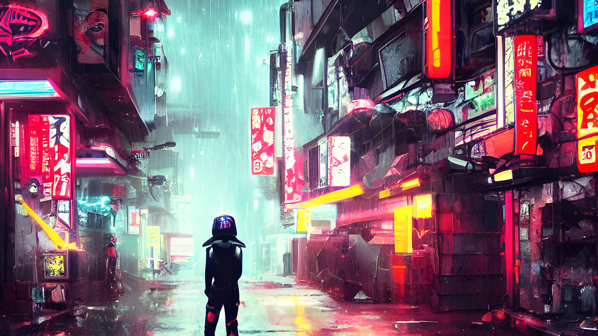 雨夜霓虹街道上，一名黑衣人物独自站在街心。