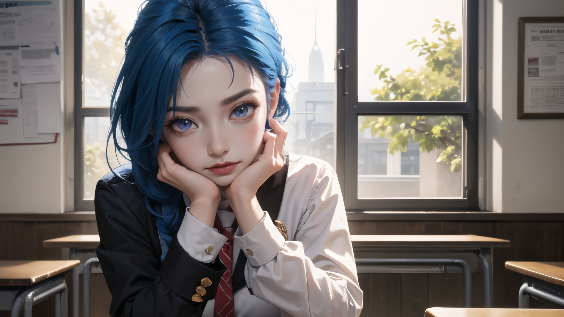 蓝发少女身着学生制服，双手托腮坐在教室窗边，望向镜头。